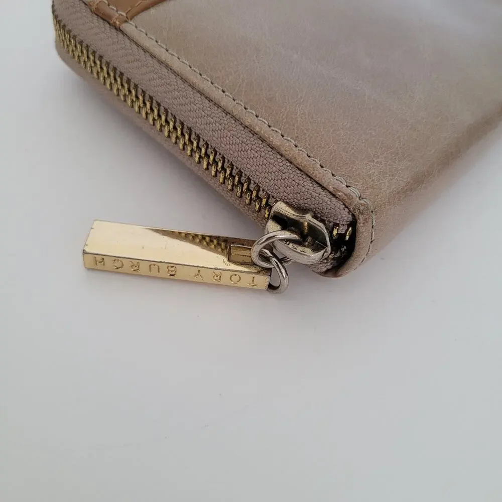 Tory‎ Burch Beige Bow Leather Zip Around Large Wallet Long Clutch Logo